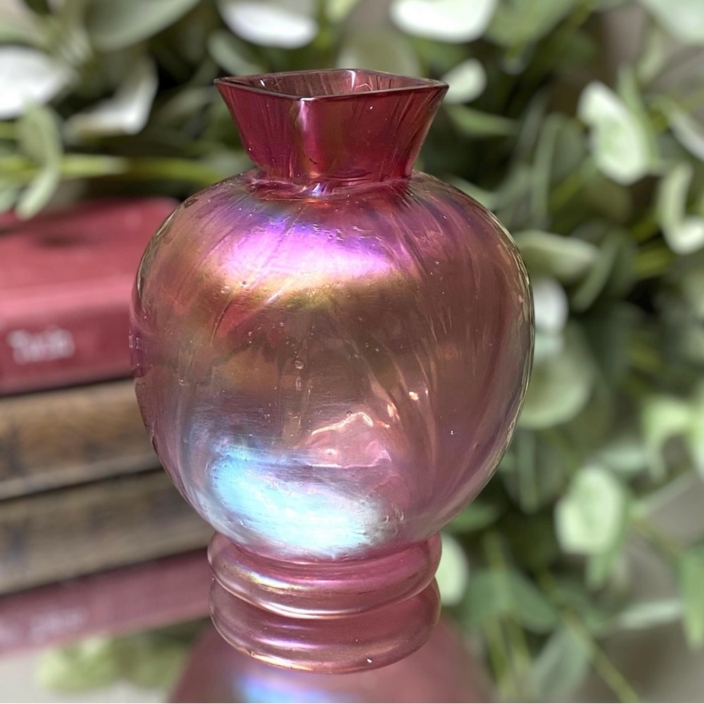 Vintage Loetz Kralik Bohemian Red Iridescent Art Glass Vase Round Square Top